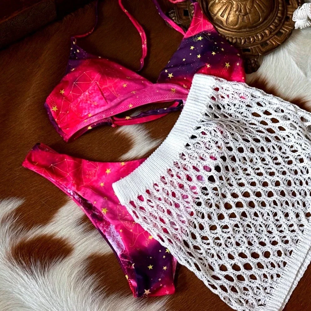 Celestial Cosmic Purple Pink Galaxy Bikini Set w/ White Crochet CoverUp Skirt XS